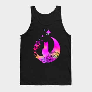 Hot Pink Holographic Rainbow Cat On A Mandala Moon With Butterflies: Hippie Vibe Tank Top